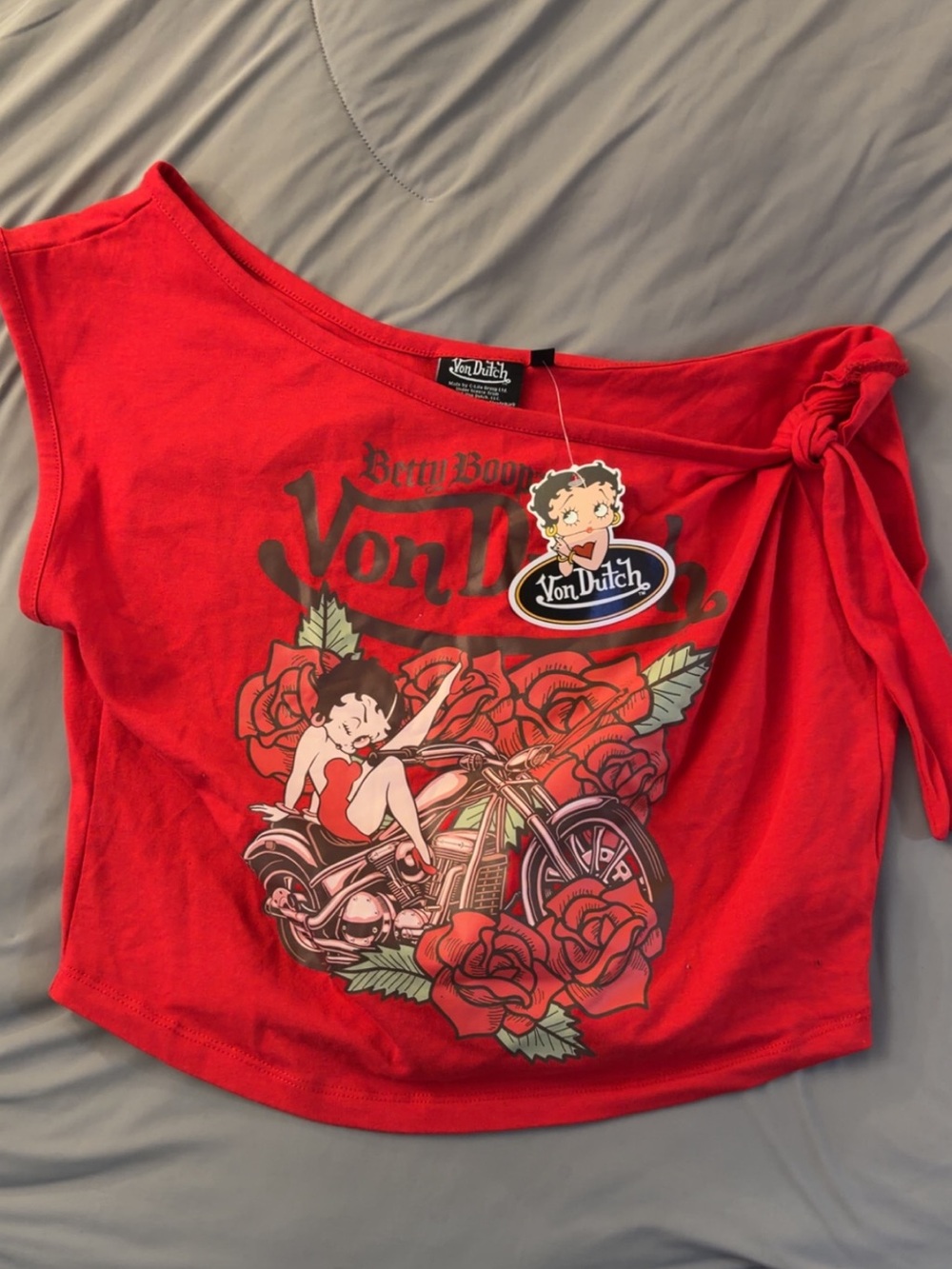 Von Dutch Red Betty Boop Off-Shoulder Tie-Side Crop Top